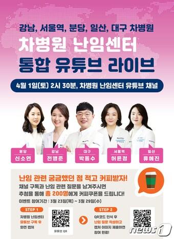 본문 이미지 - 차병원 난임센터는 오는 4월 1일 오후 2시 30분 유튜브 라이브 생방송을 통해 난임 치료 전반에 걸쳐 환자들이 궁금해 하는 것에 대해 교수들이 답할 예정이라고 27일 밝혔다/차병원 난임센터 제공