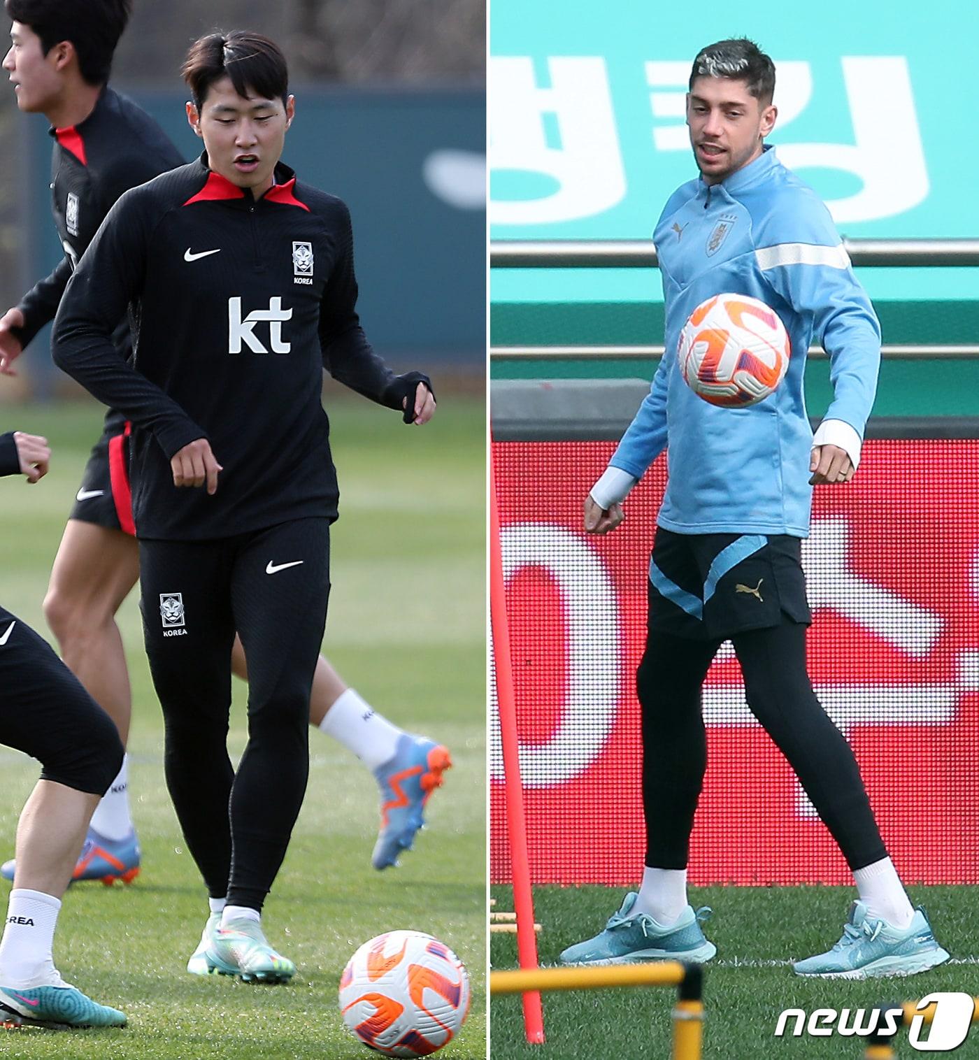 본문 이미지 - 대한민국 축구 국가대표팀 이강인(왼쪽 사진)과 우루과이 대표팀 페데리코 발베르데가 27일 오후 경기도 파주 축구국가대표트레이닝센터(NFC)와 서울월드컵경기장에서 친선경기에 앞서 공식 훈련을 하고 있다. 2023.3.27/뉴스1 ⓒ News1 박정호 기자,민경석 기자