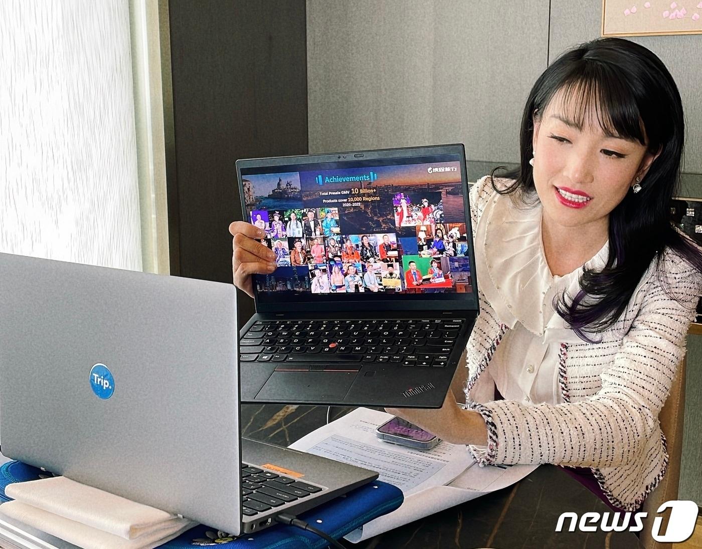 본문 이미지 - 지난 29일 제주에서 <뉴스1>과 영상 인터뷰 중인 써니순 트립닷컴그룹 부사장(트립닷컴그룹 제공)2023.3.30/뉴스1