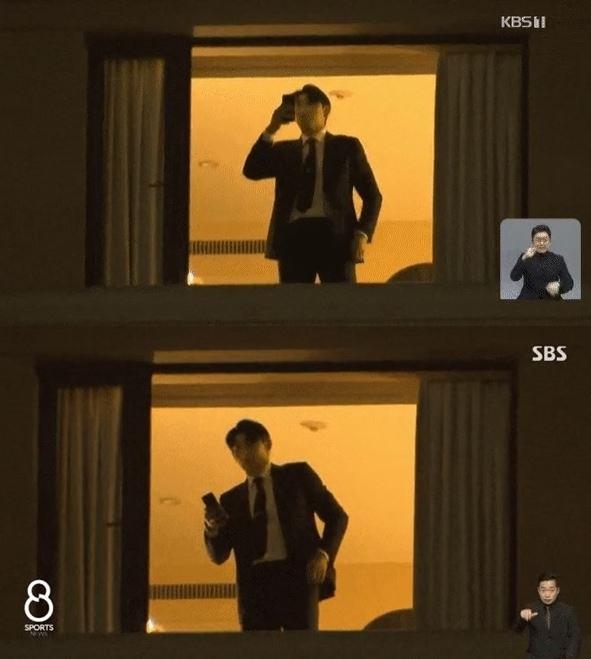 본문 이미지 - WBC 대표팀 선수 이정후가 일본 오사카 숙소에 도착해 창문 밖 풍경을 담는 모습이 뉴스 자료화면으로 송출됐다. (KBS, SBS)