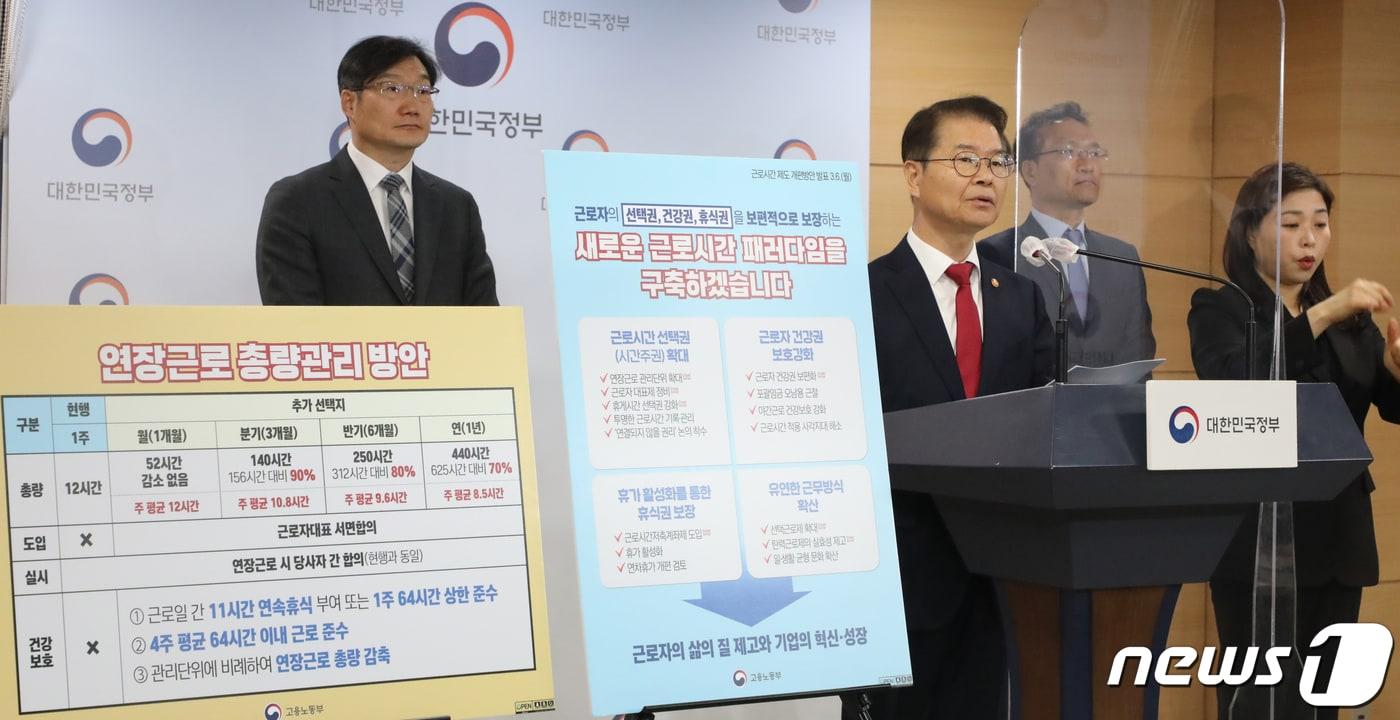 본문 이미지 - 이정식 고용노동부 장관이 6일 오전 서울 종로구 세종대로 정부서울청사에서 근로시간 제도 개편 방안을 발표하고 있다. 2023.3.6/뉴스1 ⓒ News1 김명섭 기자