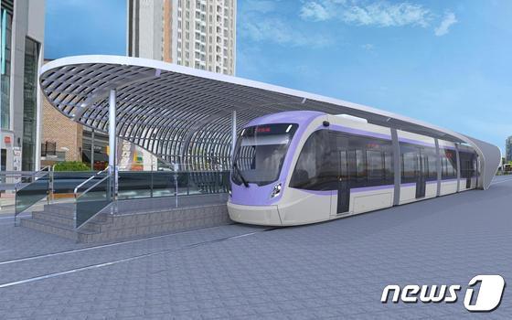 본문 이미지 -  위례선 트램 차량과 정거장. (서울시 제공) 
