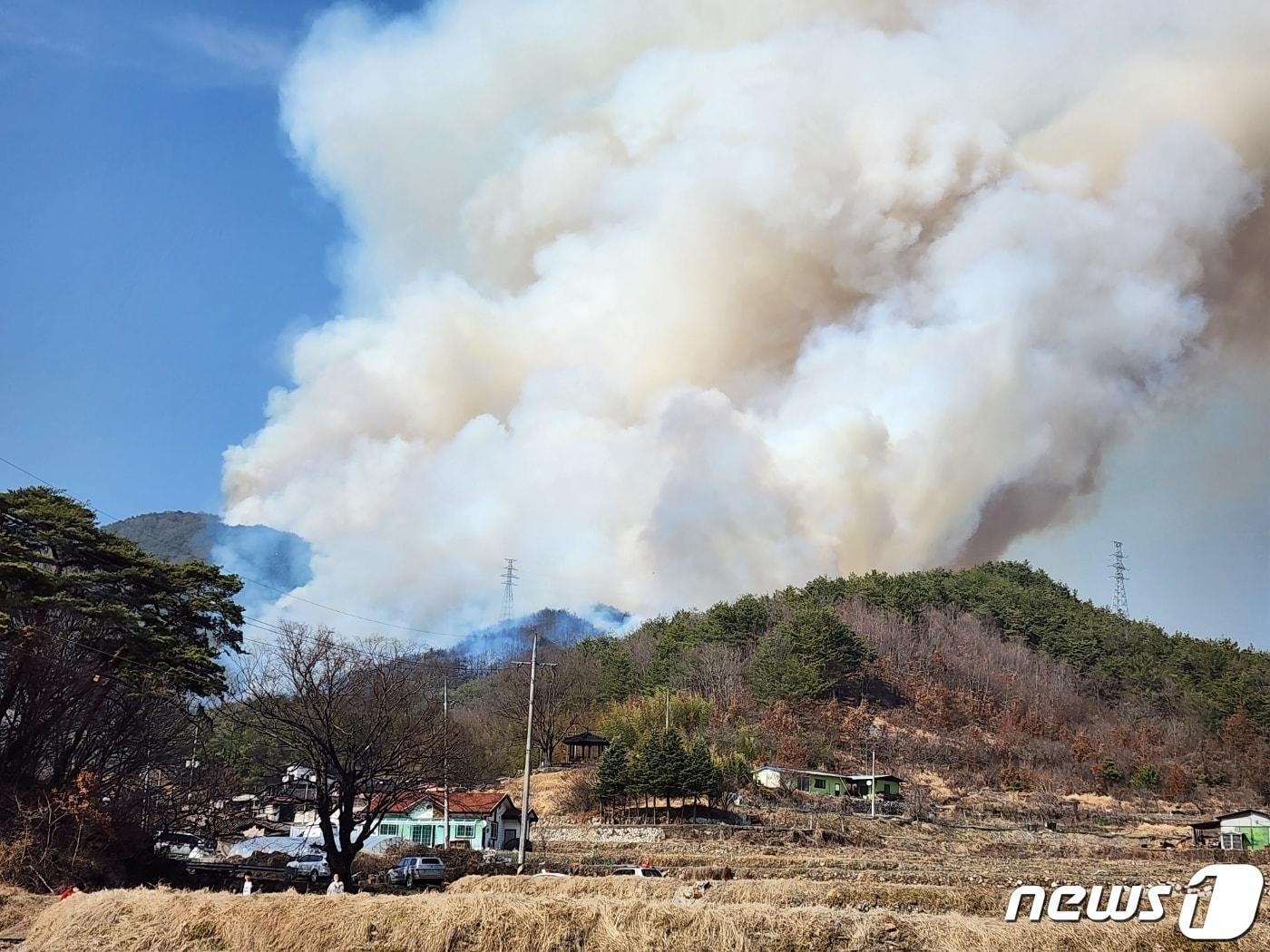 본문 이미지 - 경남 합천군 용주면 월평리 인근 산에서 8일 오후 1시59분쯤 불이 났다. 산림당국이 산불진화헬기 19대와 소방차 12대, 산불진화대원 357명 등을 긴급히 투입해 불을 끄고 있다. (합천군 제공) 2023.3.8/뉴스1 ⓒ News1 한송학 기자