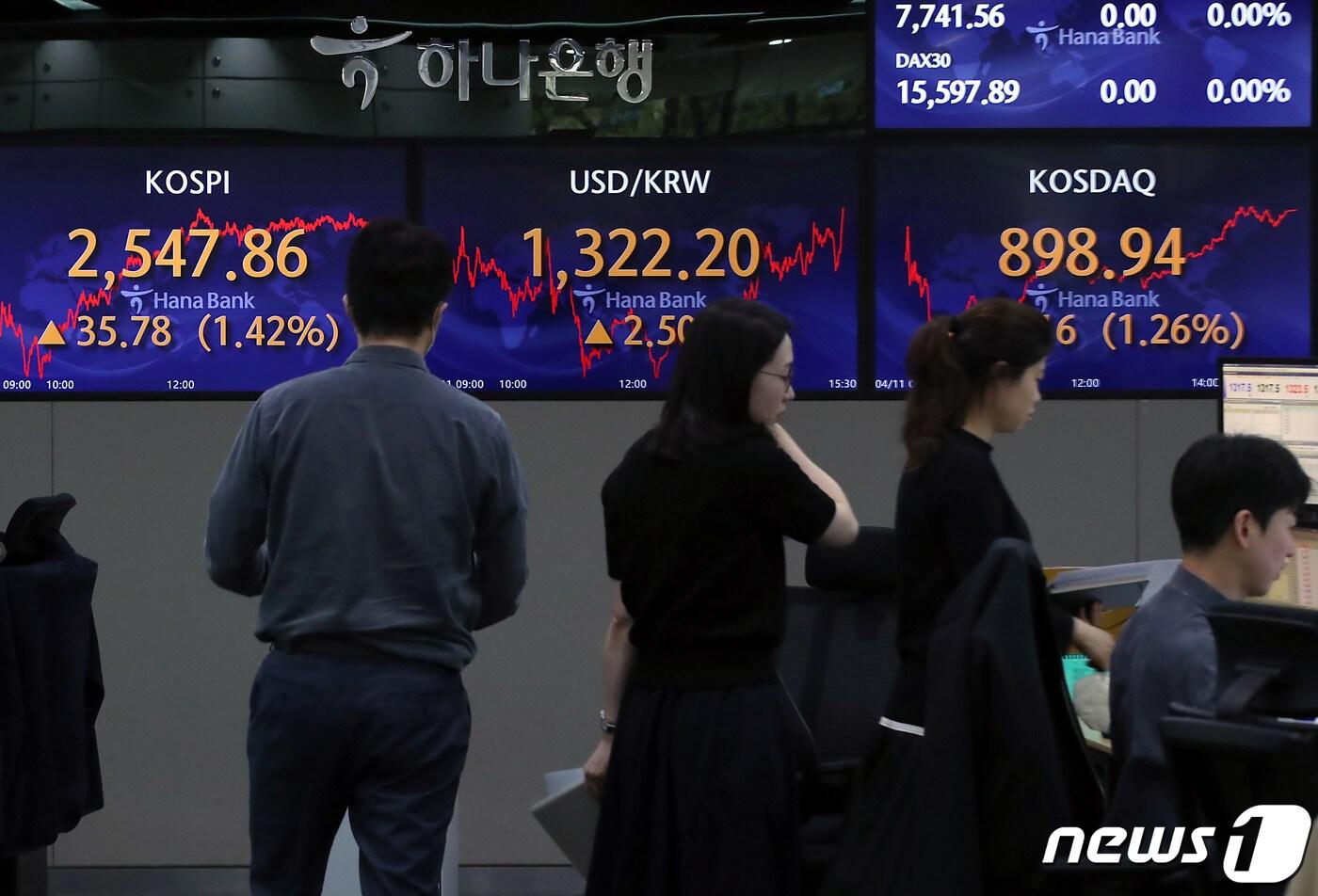 11일 오후 서울 중구 하나은행 명동점 딜링룸 전광판. 2023.4.11/뉴스1 ⓒ News1 박정호 기자