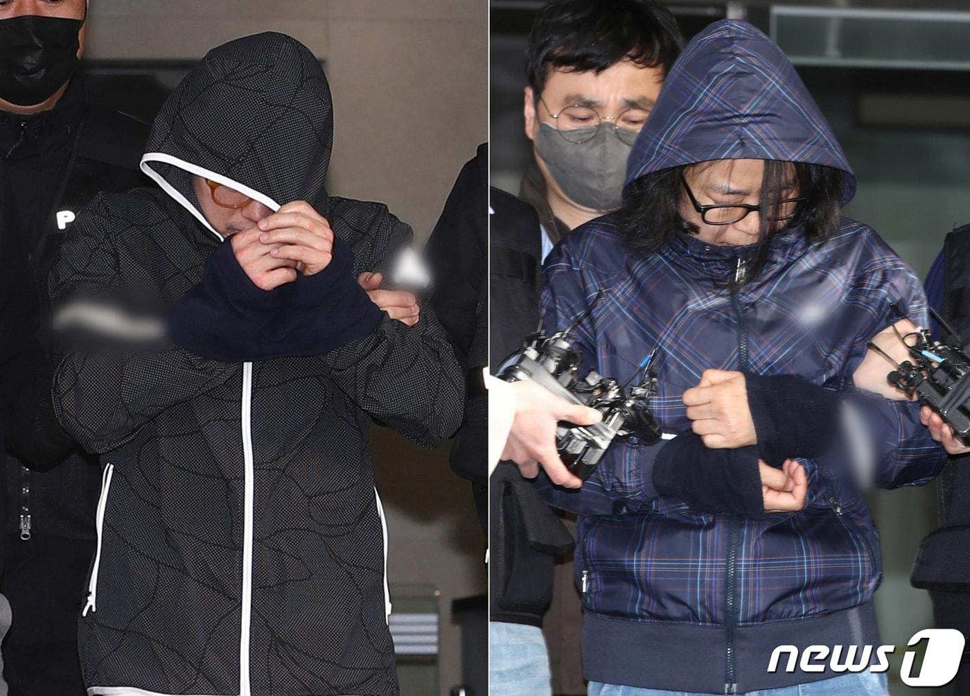 본문 이미지 - '강남 40대 여성 납치·살해 사건'의 배후로 지목된 재력가 부부 유상원(50)·황은희(48)가 13일 서울 강남구 수서경찰서에서 검찰로 송치되고 있다. 2023.4.13/뉴스1 ⓒ News1 김민지 기자