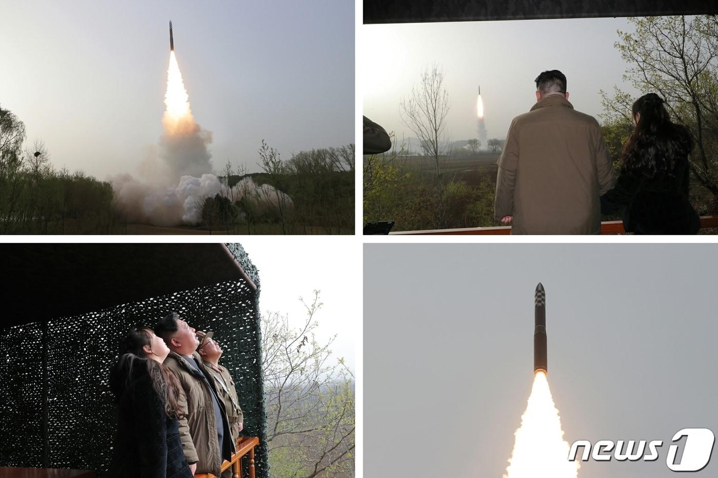 (평양 노동신문=뉴스1) = 북한은 13일 김정은 노동당 총비서 지도 하에 고체연료를 사용한 새로운 대륙간탄도미사일(ICBM) '화성포-18형(화성-18형)'을 발사했다고 14일 당 기관지 노동신문이 보도했다. 김 총비서가 딸 주애와 함께 화성-18형 발사 장면을 지켜보고 있다. [국내에서만 사용가능. 재배포 금지. DB 금지. For Use Only in the Republic of Korea. Redistribution Prohibited] rodongphoto@news1.kr