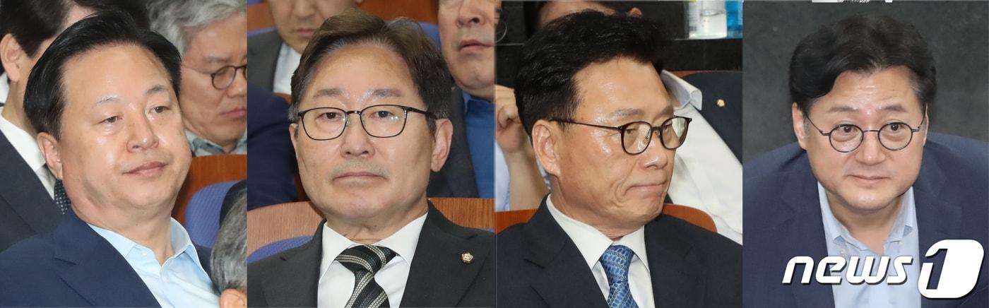본문 이미지 - 김두관(왼쪽부터), 박범계, 박광온, 홍익표 더불어민주당 차기 원내대표 후보가 20일 오후 서울 여의도 국회에서 열린 의원총회에 자리하고 있다. 2023.4.20/뉴스1 ⓒ News1 황기선 기자