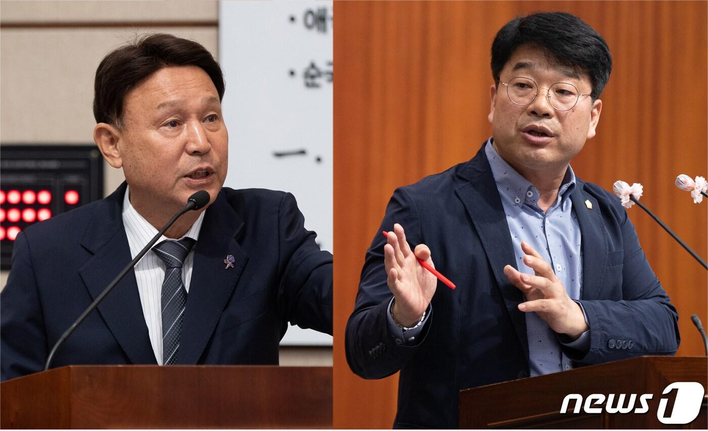 본문 이미지 - 군산 산북중~미성로 도로 확포장을 놓고 강임준 군산시장(사진 왼쪽)과 서동완 군산시의원이 공방을 벌이고 있다.2023.4.20/뉴스1