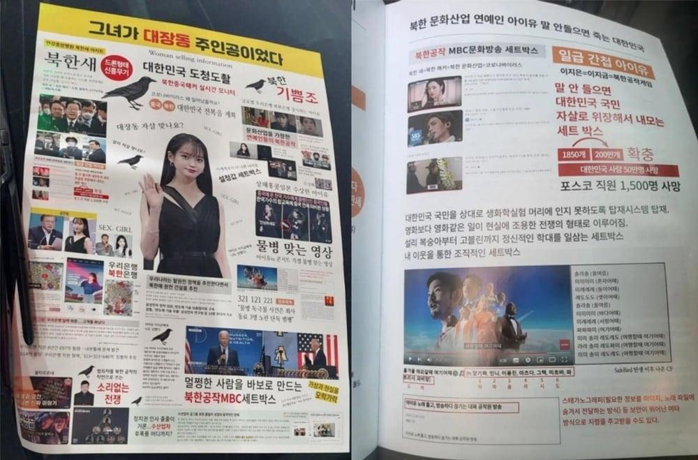 본문 이미지 - 가수 아이유가 북한 간첩이자 대장동 비리 주인공이라는 내용이 담긴 황당 유인물. (온라인 커뮤니티 갈무리)