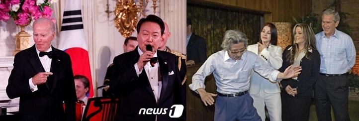 본문 이미지 - 지난 26일(이하 현지시간) 백악관 국빈만찬에서 윤석열 대통령이 '아메리칸 파이'를 열창하자 조 바이든 미국 대통령이 '여길 보라'며 놀라워 하고 있다. 오른쪽 사진은 2006년 6월 30일 미국 테니시주 멤피스의 엘비스 프레슬리 저택을 찾은 고이즈미 준이치로 일본 총리가 프레슬리의 히트곡 '러브미 덴더'를 부른 뒤 조지 부시 미국 대통령이 지켜보는 가운데 프레슬리 춤을 흉내내는 모습. 로이터· AFP=ⓒ 뉴스1  