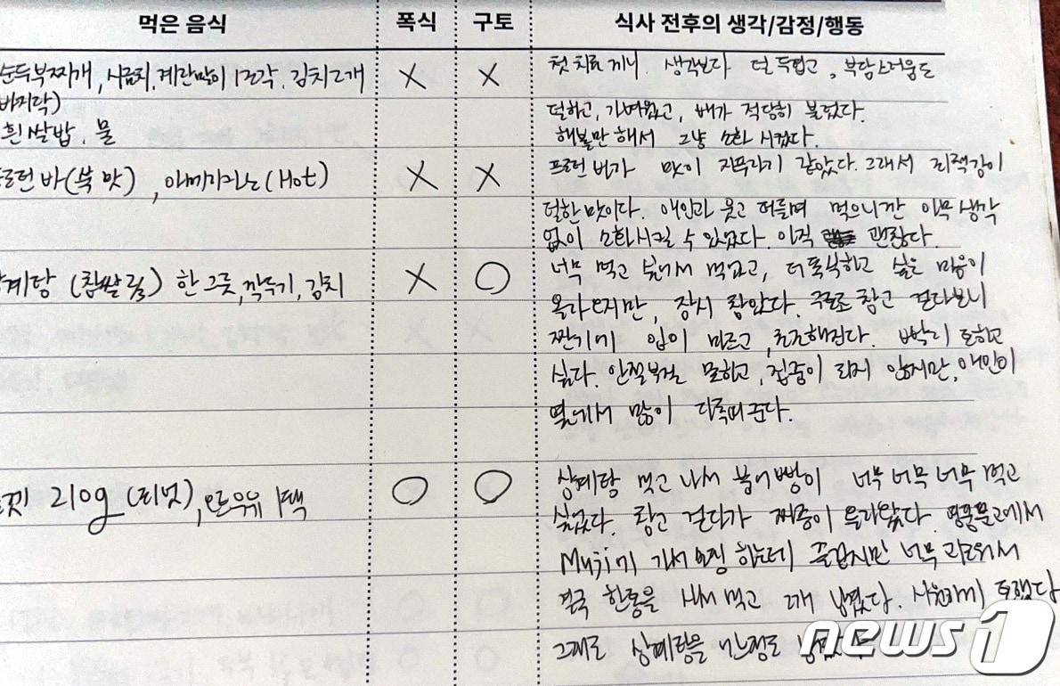 본문 이미지 - 섭식장애를 앓고 있는 이선민씨(29)가 지난 3월16일 작성한 첫 식사일기. 선민씨는 첫 식사에 대한 소감에 대해 '첫 치료 끼니 생각보다 덜 두렵고, 부담스러움도 덜하고 가벼웠고, 배가 적당히 불렀다. 해볼 만해서 그냥 소화시켰다."라고 적었다. (이선민씨 제공)