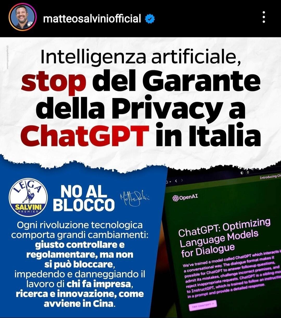 본문 이미지 - 마테오 살비니 이탈리아 부총리가 2일(현지시간) 자신의 인스타그램에 정부 당국의 '챗GPT' 접근 제한 조치에 반대 입장을 밝히며 올린 이미지 2023.4.2 (마테오 살비니 인스타그램 갈무리)