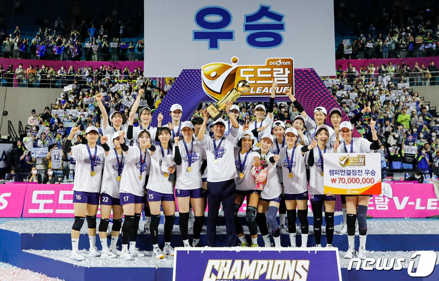 본문 이미지 - 6일 오후 인천 부평구 삼산월드체육관에서 열린 여자프로배구 2022-2023 V리그 챔피언 결정전 흥국생명과 한국도로공사 5차전 경기에서 세트 스코어 3대2로 승리한 한국도로공사 선수들과 김종민 감독이 우승 트로피를 들어올리며 기뻐하고 있다. 2023.4.6/뉴스1 ⓒ News1 김도우 기자
