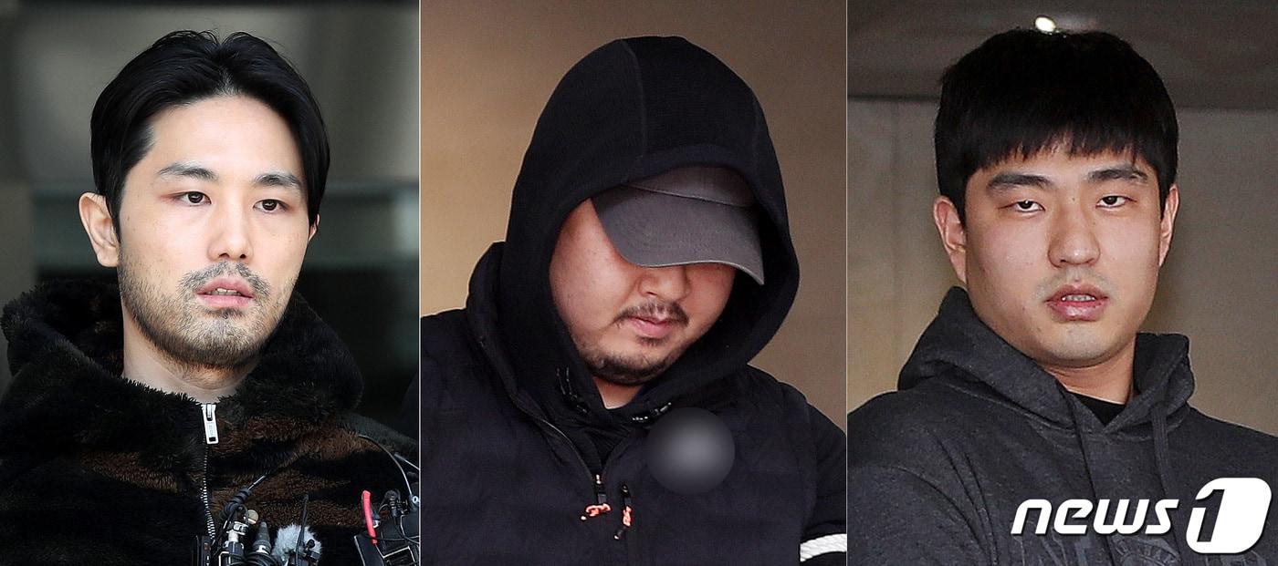 '강남 납치·살해 사건'의 피의자 이경우(왼쪽부터), 황대한, 연지호가 9일 서울 강남구 수서경찰서에서 검찰로 송치되고 있다.   2023.4.9/뉴스1 ⓒ News1 박지혜 기자