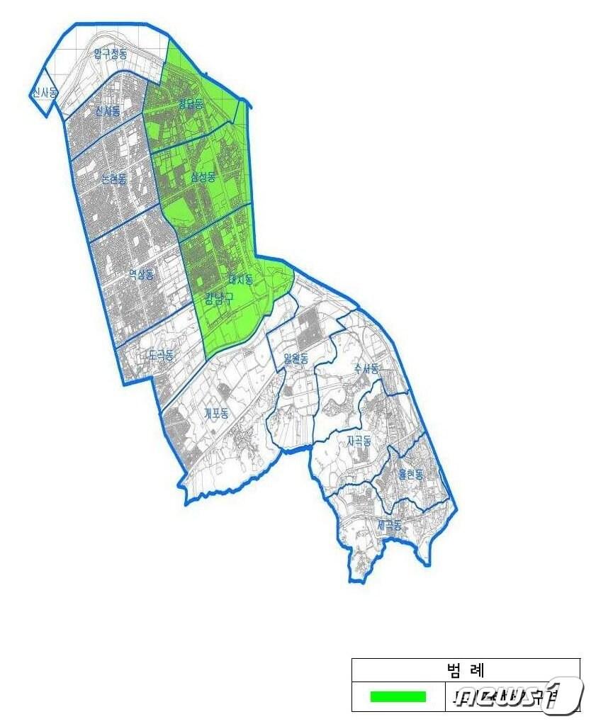 본문 이미지 - 서울 강남구 대치·삼성·청담동 토지거래허가구역 지도(강남구 제공). 