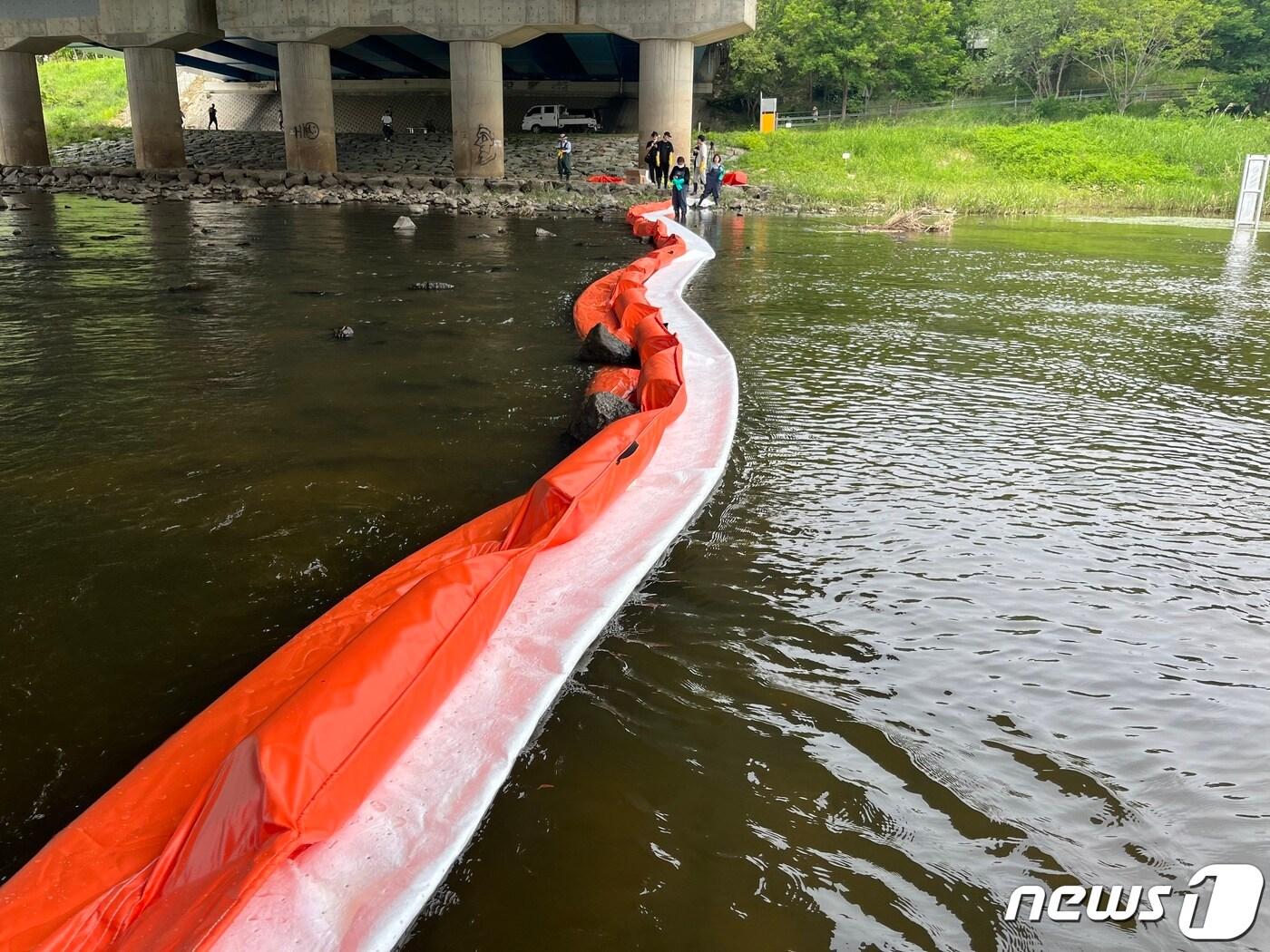 본문 이미지 - 15일 오전 8시쯤 광주 북구 신용동 첨단대교 인근 영산강에서 기름띠가 흐르고 있다는 신고가 접수, 당국이 방제작업을 하고 있다. (북구 제공) 2023.5.15/뉴스1