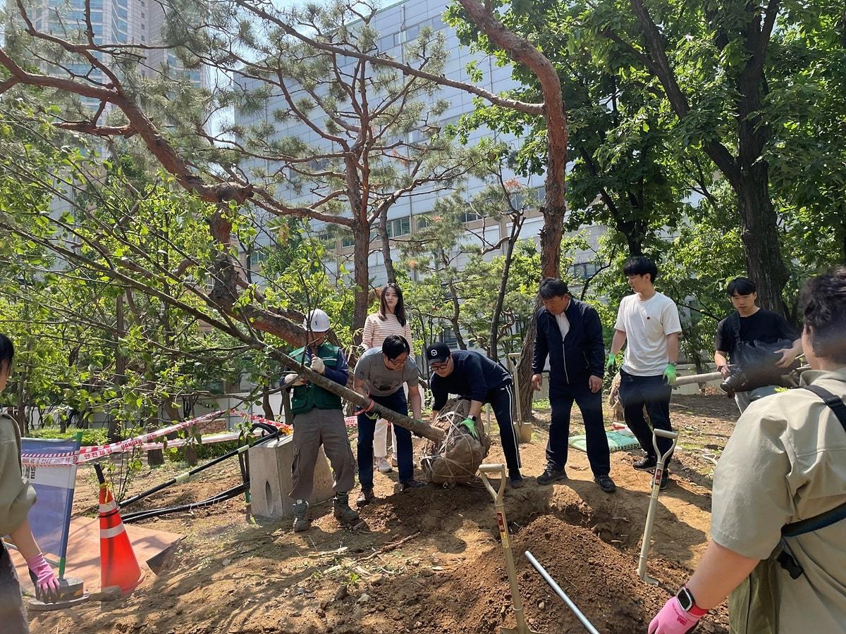 본문 이미지 - 후원사 임직원들이 나무를 식재하는 모습. (양천구 제공)
