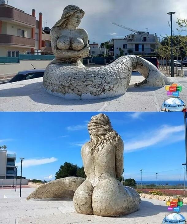 본문 이미지 - 이탈리아의 한 작은 어촌마을에 설치된 대형 인어 조각상이 선정성 논란을 일으키고 있다. (이탈리아 모노폴리타임스)