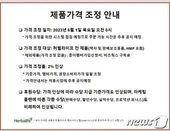 본문 이미지 - 허벌라이프 가격 인상 안내문 (독자 제공)