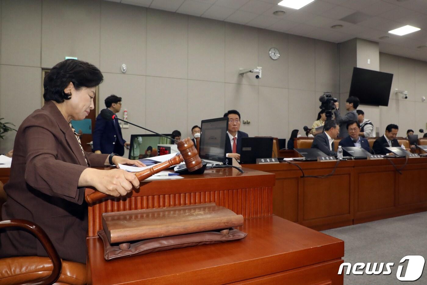 본문 이미지 - 남인순 국회 정개특위 위원장이 22일 오후 서울 여의도 국회에서 열린 정치개혁특별위원회 전체회의에서 의사봉을 두드리고 있다. 2023.5.22/뉴스1 ⓒ News1 황기선 기자