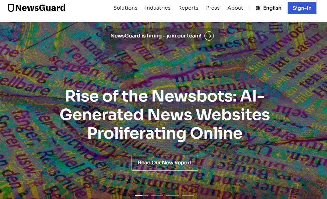 본문 이미지 - 허위정보 판별업체 '뉴스가드'가 2일 발간한 '뉴스봇의 부상: 온리안에서 확산되는 AI 생성 뉴스 웹사이트' 보고서 (뉴스가드 홈페이지 갈무리)