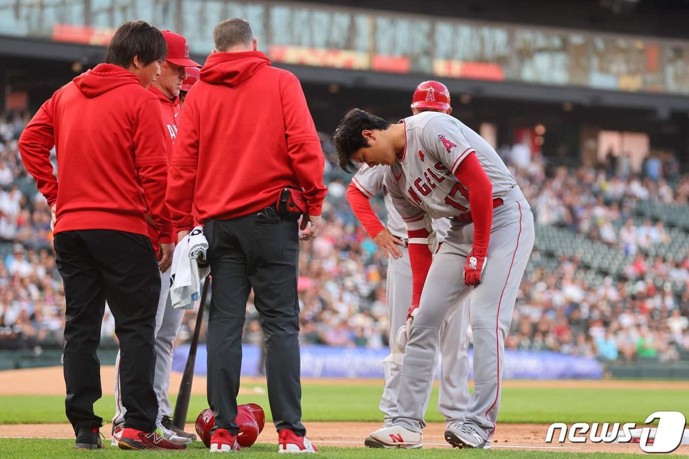본문 이미지 - 사구에 맞은 뒤 고통스러워하는 오타니. ⓒ AFP=뉴스1