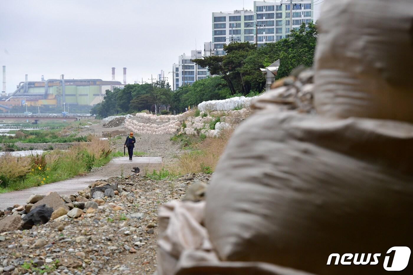 본문 이미지 - 지난 5월30일 포항시 남구 오천읍 냉천변에 대형 모래포대가 쌓여있다.2023.5.30/뉴스1 ⓒ News1 최창호 기자