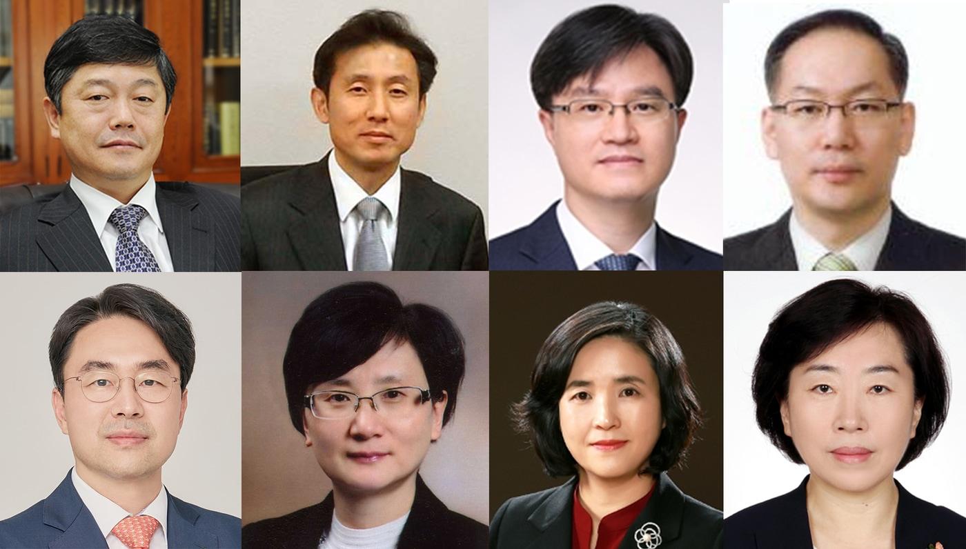대법관 제청대상 후보자 8명. (왼쪽 상단부터) 윤준 서울고법원장(62), 서경환 서울고법 부장판사(57), 손봉기 대구지법 부장판사(57), 엄상필 서울고법 부장판사(54), 권영준 서울대 법학전문대학원 교수(52), 박순영 서울고법 판사(56), 신숙희 양형위원회 상임위원(54), 정계선 서울남부지법 부장판사(53) (대법원 제공)