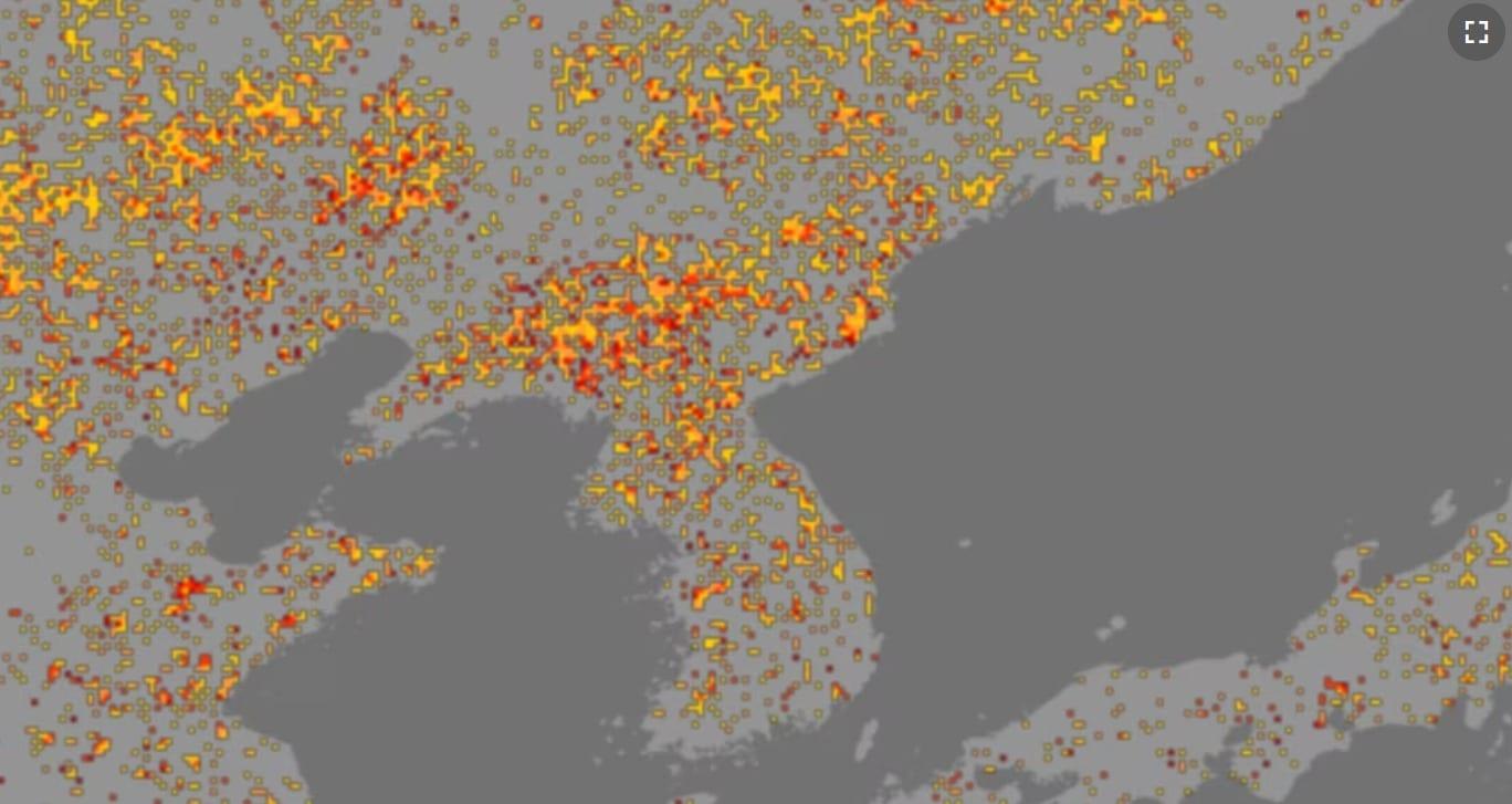 본문 이미지 - 지난 4월 17일~23일 한반도 가뭄 지수를 보여주는 미 해양대기청(NOAA)의 위성자료. (VOA 갈무리)