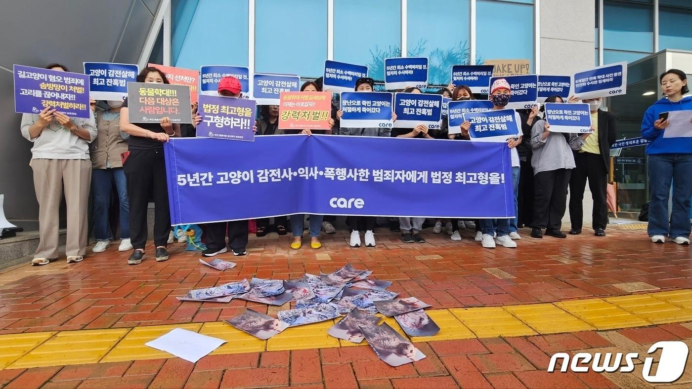 본문 이미지 - 동물권단체 케어가 1일 경남 창원지방검찰청 진주지청 앞에서 기자회견을 열고 고양이를 잔혹한 수법으로 살해한 가해자 엄벌을 촉구하고 있다.2023.6.1/뉴스1 ⓒ News1 한송학 기자