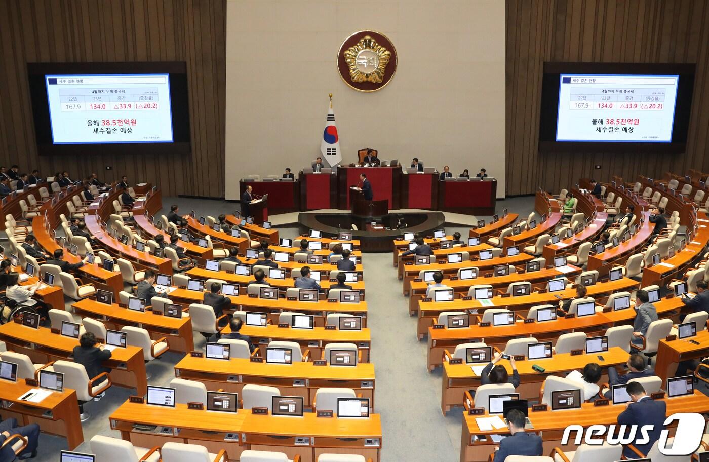 본문 이미지 - 유동수 더불어민주당 의원이 13일 오후 서울 여의도 국회에서 열린 제407회 국회(임시회) 제2차 본회의 경제분야 대정부질문에서 추경호 경제부총리 겸 기획재정부 장관에게 질의를 하고 있다.2023.6.13/뉴스1 ⓒ News1 송원영 기자