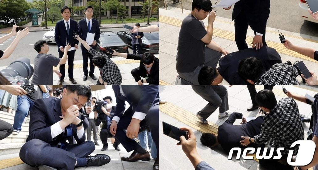 본문 이미지 - 14일 오후 'KBS수신료 분리징수' 방침에 반발, 방송통신위원회 항의 방문에 나선 장경태(왼쪽 위 사진 오른쪽) 더불어민주당 최고위원이 경기 과천시 정부과천청사 방통위 앞에서 같은 당 조승래 의원의 성명서를 낭독을 듣던 중 쓰러져 턱에 타박상을 입었다. 장 의원측은 "과로로 인한 빈혈 증상으로 쓰러졌다"며 이후 의원실로 이동 휴식을 취했다고 밝혔다. ⓒ News1 박지혜 기자 
