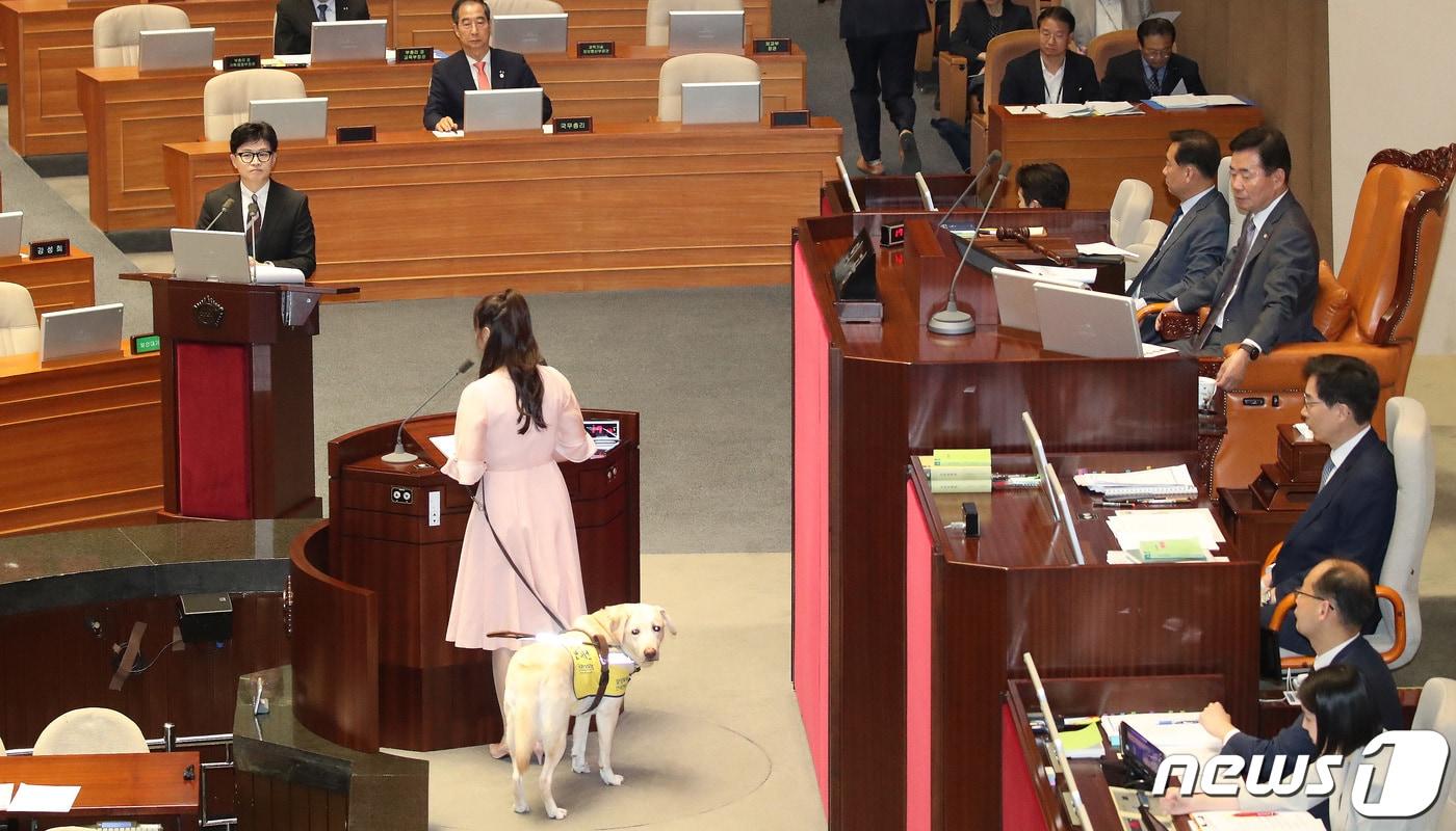 본문 이미지 - 한동훈 법무부 장관이 14일 오후 서울 여의도 국회에서 열린 제407회 국회(임시회) 제3차 본회의 교육·사회·문화 분야 대정부질문에서 김예지 국민의힘 의원들 질문에 답하고 있다. 2023.6.14/뉴스1 ⓒ News1 임세영 기자