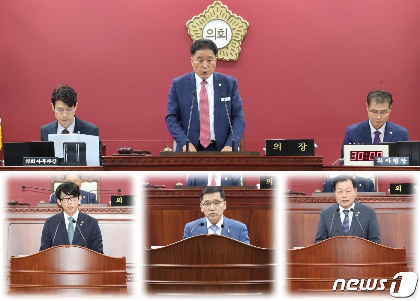 본문 이미지 - 전북 고창군의회(의장 임정호)는 14일 제299회 1차 정례회를 개회하고 22일까지 9일간의 일정으로 의사일정에 돌입했다. 아래 왼쪽부터 임종훈·이경신·오세환 의원(고창군 의회 제공)2023.6.14/뉴스1