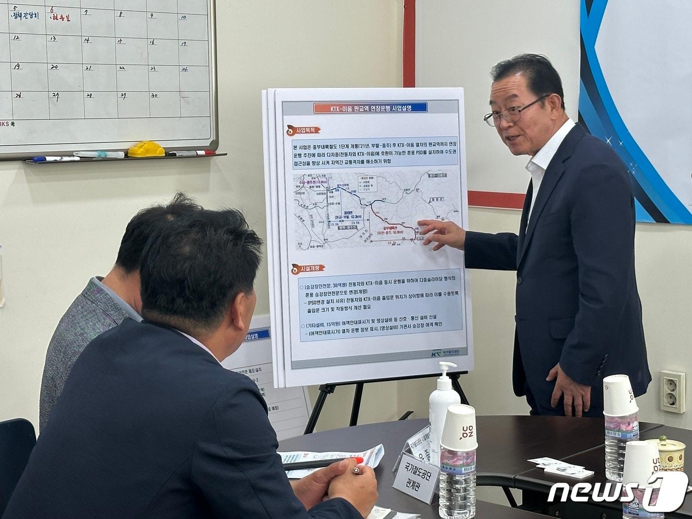 본문 이미지 -  19일 이종배 의원이 KTX-이음 판교역 연장운행 사업설명을 청취한 뒤 국토부 관계자에게 사업 효과를 묻고 있다.2023.6.20/뉴스1