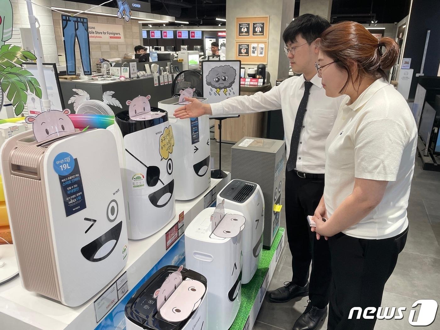 본문 이미지 - 전자랜드 타이푼에서 전문상담사가 제습기를 고객에게 설명하고 있다.(전자랜드 제공)