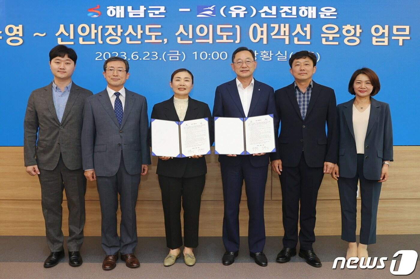 본문 이미지 - 해남군은 23일 해남군청 상황실에서 명현관 해남군수와 박금희 (유)신진해운 대표가 참석해 우수영~장산도~신의도 항로에 449톤급 카페리여객선 드림 아일랜드호 운항을 내용으로 하는 협약을 체결했다. (해남군 제공)/뉴스