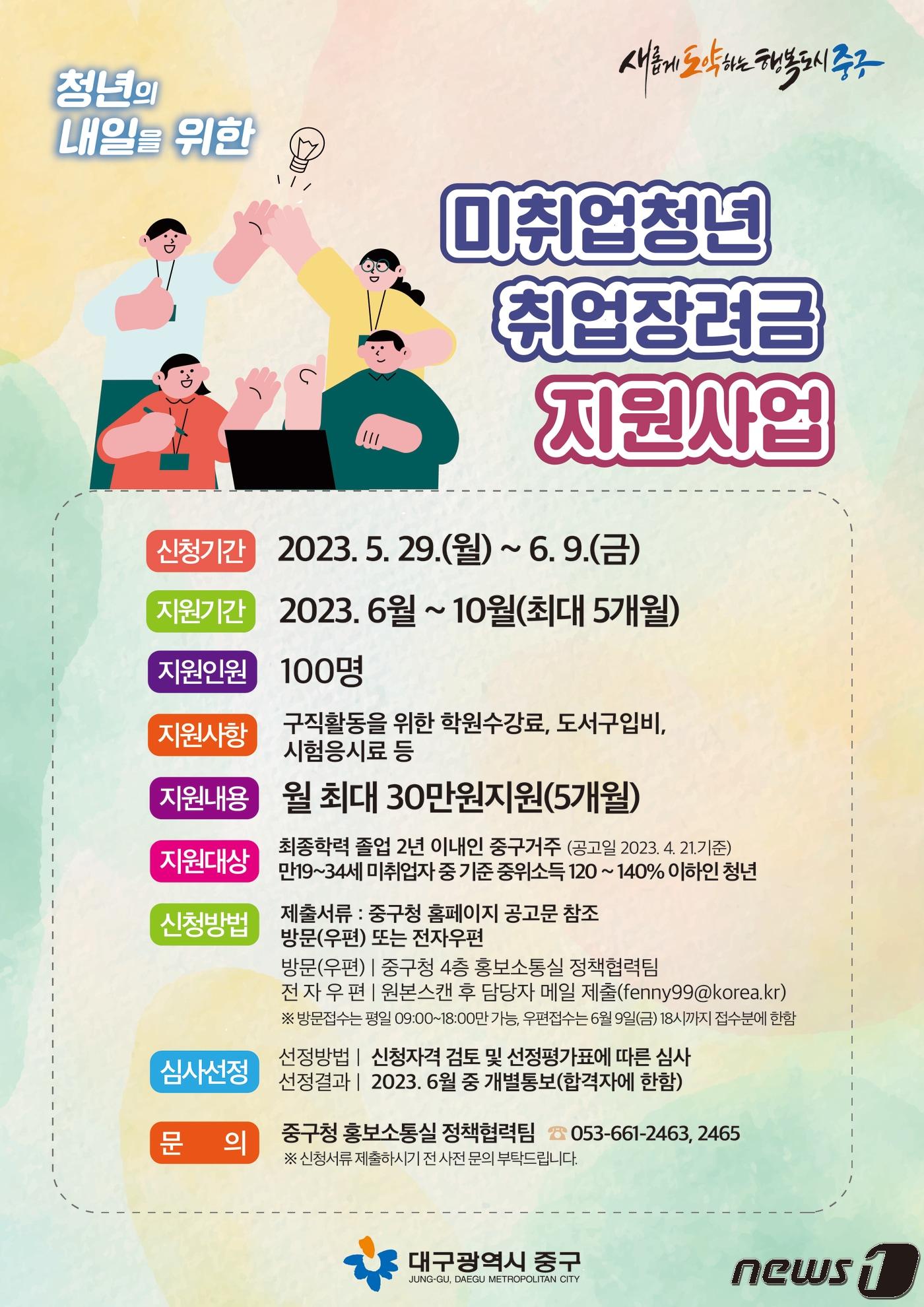 본문 이미지 - 대구 중구는 5일 취업하지 못한 청년들에게 취업 준비 활동비를 지원하는 '미취업청년 취업장려금 지원사업'을 시행한다고 밝혔다. (대구 중구 제공)/뉴스1