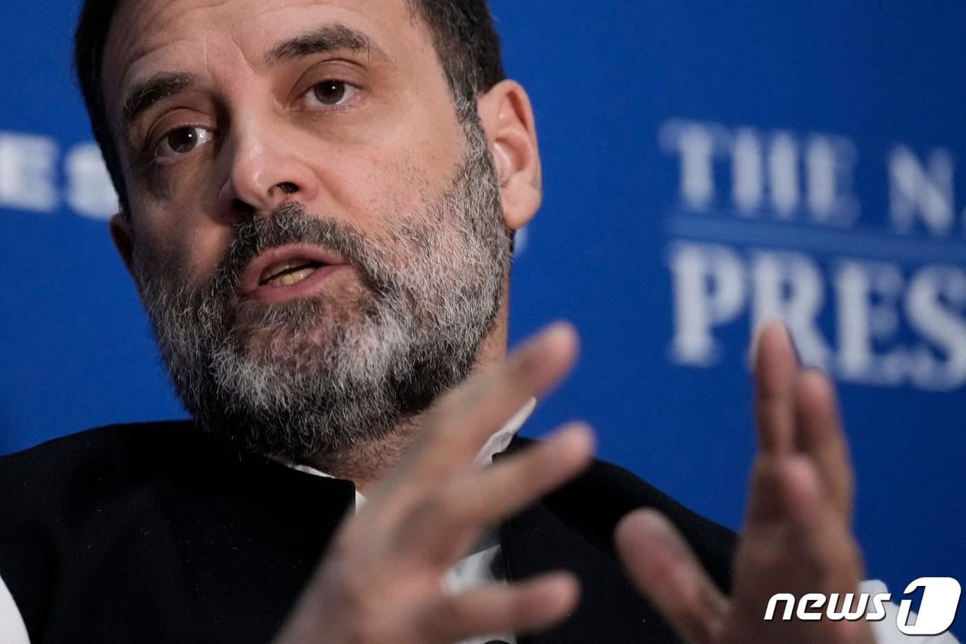 라훌 간디 전 인도국민회의(INC) 총재가 미국 워싱턴DC 내셔널 프레스 클럽에서 연설하고 있다. /2023.6.1 ⓒ AFP=뉴스1 ⓒ News1 강민경 기자