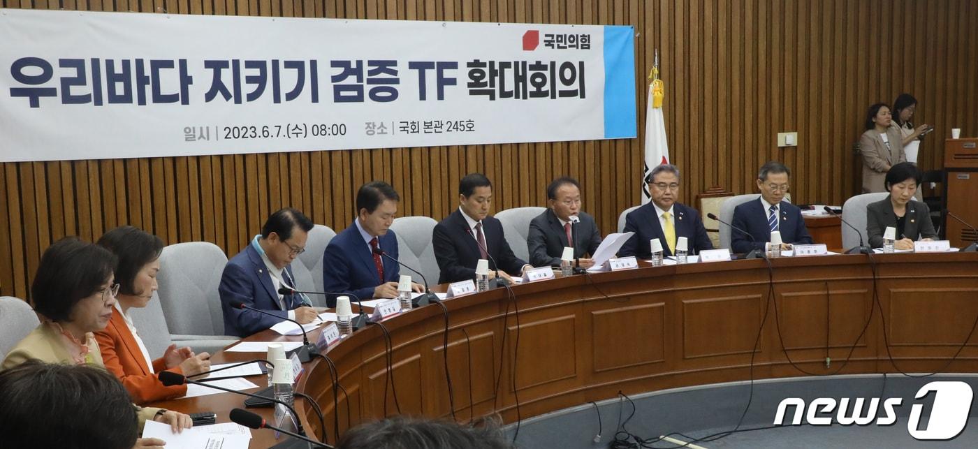 본문 이미지 - 윤재옥 국민의힘 원내대표가 7일 오전 서울 여의도 국회에서 열린 우리바다 지키기 검증 TF 확대회의에서 발언하고 있다. 2023.6.7/뉴스1 ⓒ News1 황기선 기자