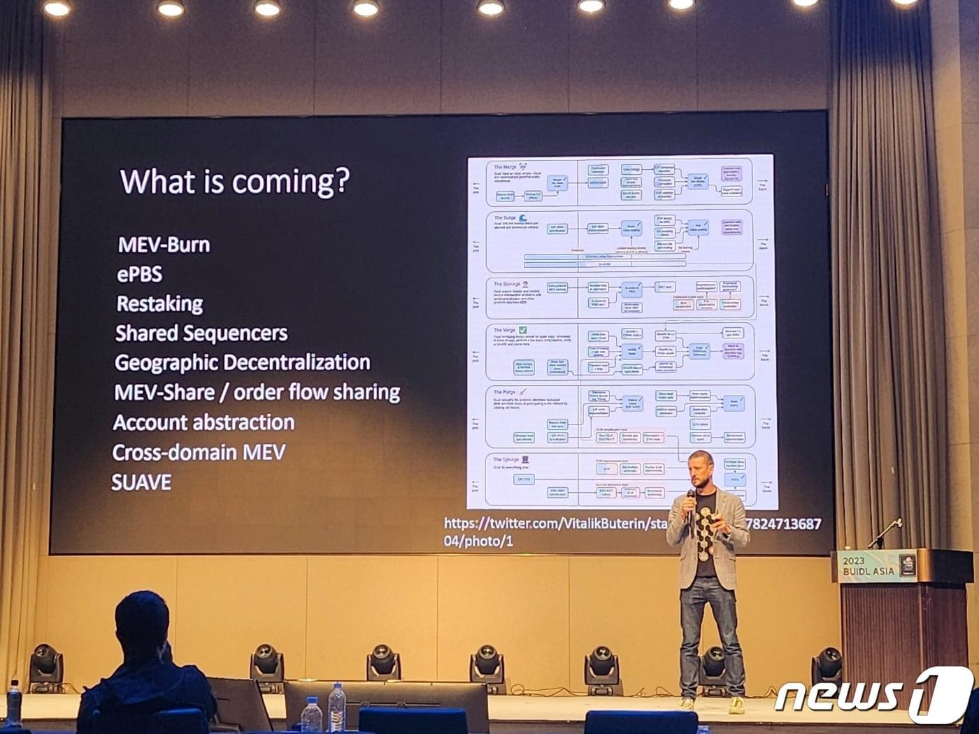 본문 이미지 - 토마스 스탠자크 네더마인드 설립자가 7일 오후 서울 강남구 조선팰리스 호텔에서 열린 '비들 아시아(BUIDL ASIA) 2023'에서 발표를 진행하고 있다.