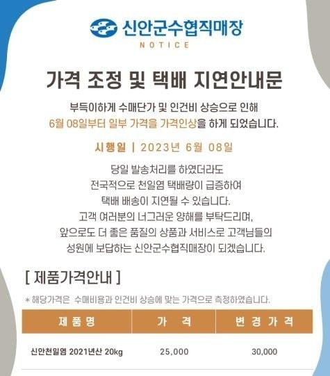 본문 이미지 - 전국 천일염 최대산지인 전남 신안군은 8일부터 소금값을 20% 인상했다. (수협  공지 갈무리) ⓒ 뉴스1