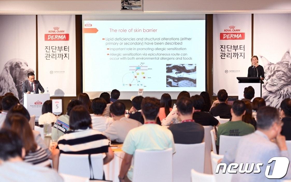 본문 이미지 - 로잔나 마르셀라 교수가 9일 그랜드 하얏트 서울에서 열린 '2023 로얄캐니니 더마 심포지엄'에서 강의를 하고 있다.(로얄캐닌 제공) ⓒ 뉴스1