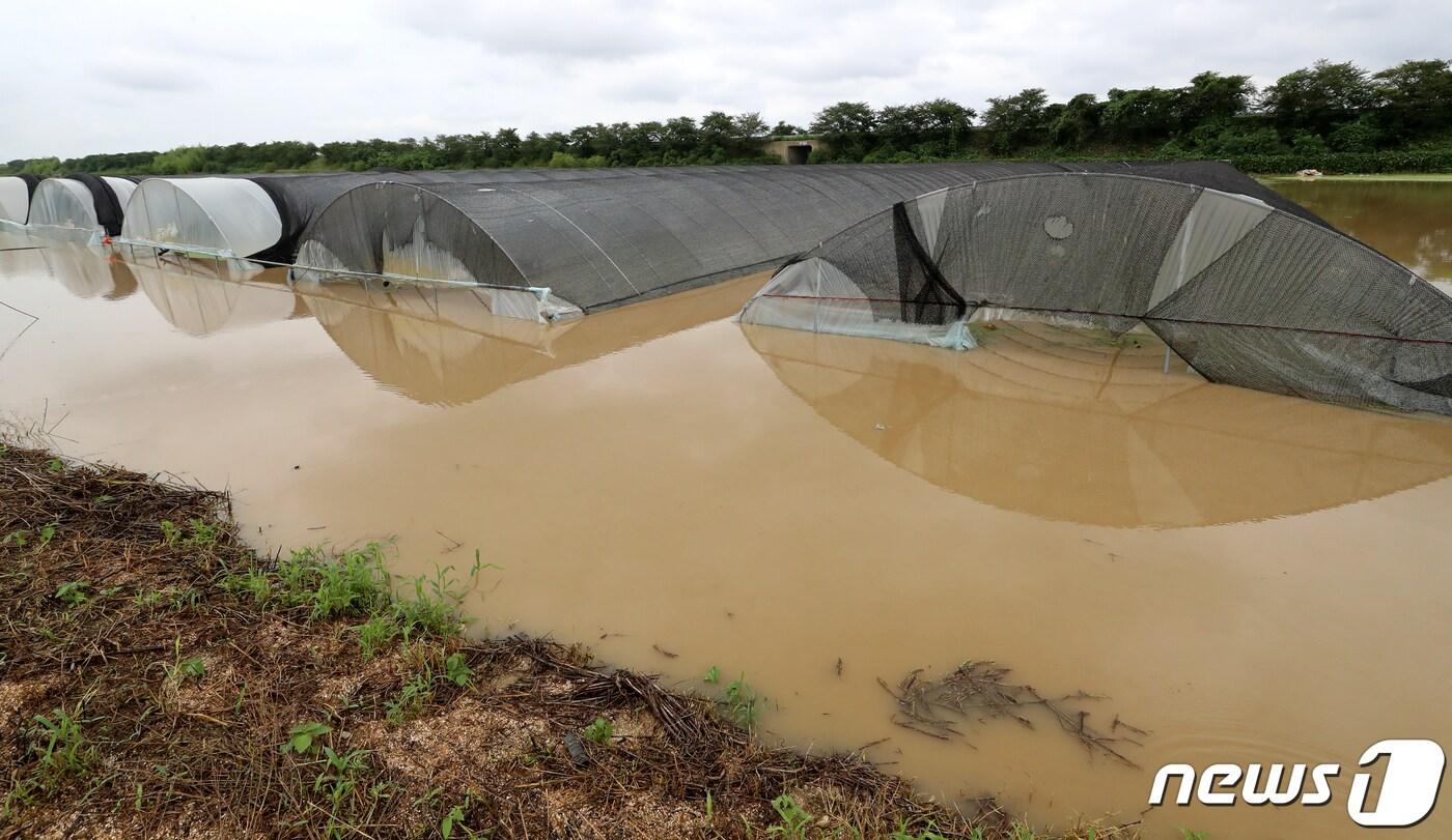 16일 오후 충남 논산시 성동면 원봉리 일대가 논산천 제방 유실로 침수되고 있다. 2023.7.16/뉴스1 ⓒ News1 장수영 기자