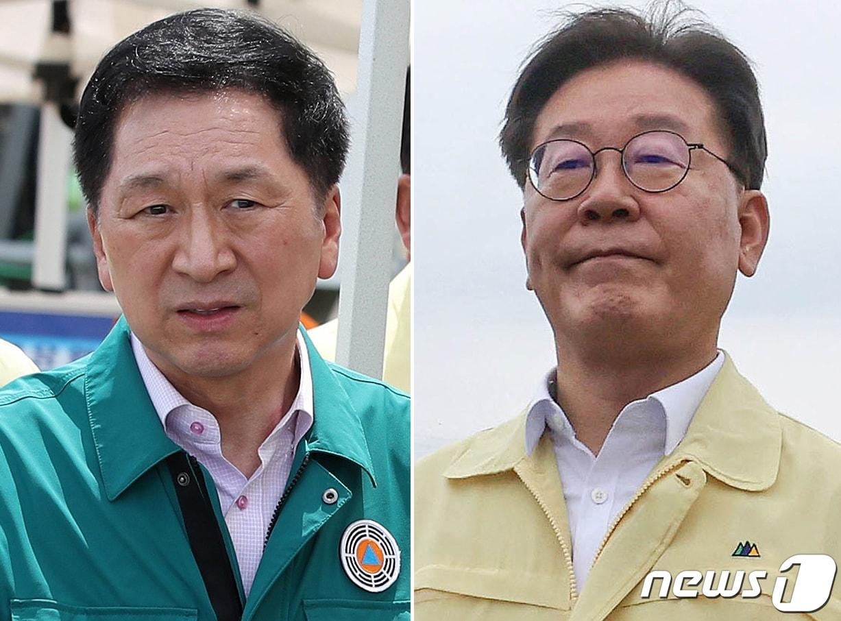 본문 이미지 - 김기현 국민의힘 대표와 이재명 더불어민주당 대표가 충북 청주시 흥덕구 오송읍 궁평리 궁평2지하차도 침수 현장을 찾았다. 사진은 17일 침수현장을 찾은 김 대표&#40;왼쪽&#41;와 지난 16일 현장을 찾은 이 대표의 모습. 2023.7.17/뉴스1 ⓒ News1 황기선 기자