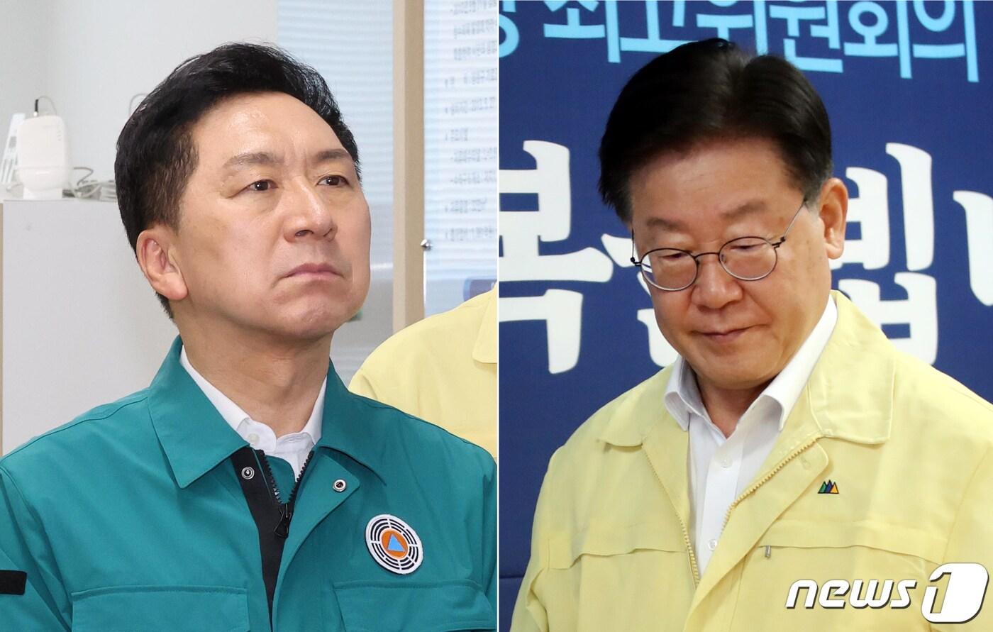 본문 이미지 - 김기현 국민의힘, 이재명 더불어민주당 대표가 19일 각각 서울 양천구 빗물 터널, 경북 예천 산사태 피해복구 현장을 찾았다. 사진은 이날 빗물 터널을 찾은 김 대표(왼쪽)와 경북 현장 최고위를 참석 하는 대표의 모습. 2023.7.17/뉴스1 ⓒ News1 황기선 기자