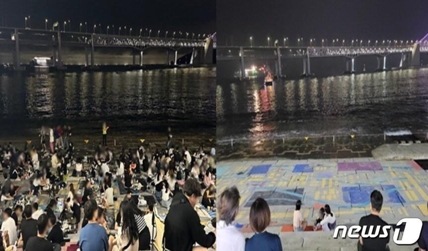 본문 이미지 - 이달부터 부산 수영구 민락수변공원이 금주구역으로 운영되는 가운데 금주구역으로 운영되기 전인 지난 6월 24일(왼쪽)과  7월 1일 모습.2023.7.2/뉴스1 ⓒ News1 조아서 기자