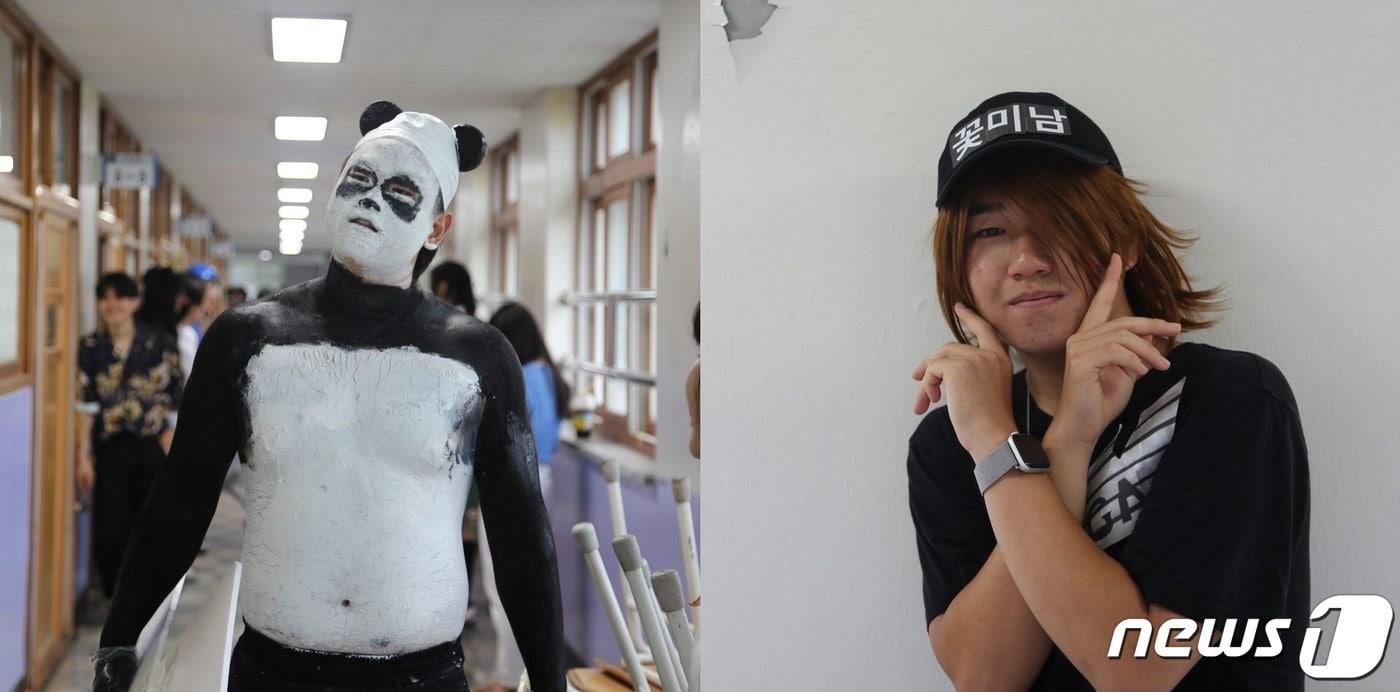 코스프레를 하고 2023 의정부고등학교 졸업사진 촬영에 나선 3학년 학생들. 에버랜드 대스타 판다 푸바오(왼쪽)로 변신한 학생과 인기 없는 일본 호스트 콘셉트로 인기를 얻은 다나카 의상을 입고 시그니처 포즈를 취하는 학생. (의정부고 학생자치회 인스타그램 갈무리) ⓒ 뉴스1 