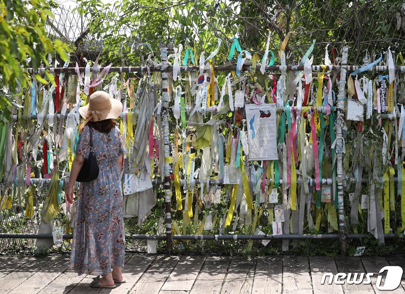 본문 이미지 - 경기 파주시 임진각을 찾은 시민들이 통일을 염원하며 철책선 앞에 걸어둔 리본을 보고 있다./뉴스1 ⓒ News1 신웅수 기자