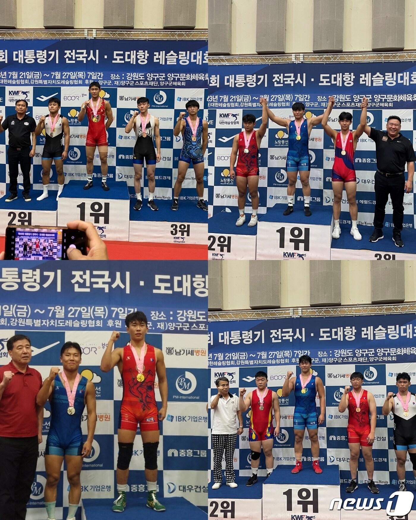 본문 이미지 - 49회 대통령기 시도대항 전국레슬링대회에서 금메달을 획득한 충북체고 △그레코로만형 63㎏급 서병기(2학년) △그레코로만형 82㎏급 진정한(3학년) △자유형 63㎏급 장보고(3학년) △자유형 92㎏급 최하윤(3학년) 선수의 시상식 모습.(충북교육청 제공)/ 뉴스1